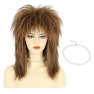 karlery Women Men Long Curly Brown Wig with Necklace 70s 80s Rocker Mullet Costume Wig Halloween Cos
