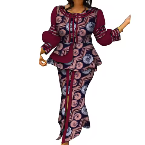 African Clothes for Women Two Piece Outfits Sets African Print Crew Neck Ruffles Tops and High Waist