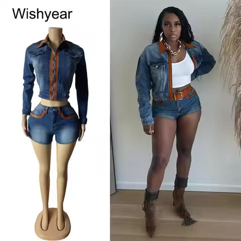 Women's Stretch Denim 2-Pieces Blue Lapel Long Sleeve Jacket And Shorts Sets Y2K Streetwear for Nigh