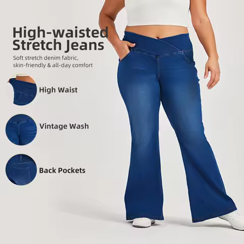 Muyafei Women’s Plus Size Flare Jeans Crossover Waist High Waist Stretch Denim Pants Bootcut Jeans C