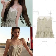 Tanaka Kyona anna Kim Ji Ni jennie Same Style Lace Stitching Camisole Classy Drawstring Narrow Waist