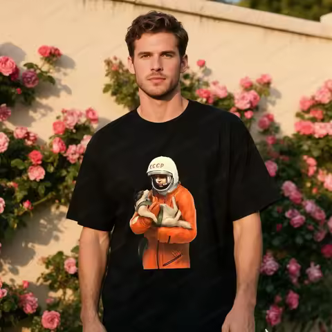 Yuri Gagarin Laika Cccp T-shirt Men Ussr Soviet Union Printed Gosha T Shirt Astronaut Laika Dog Prop