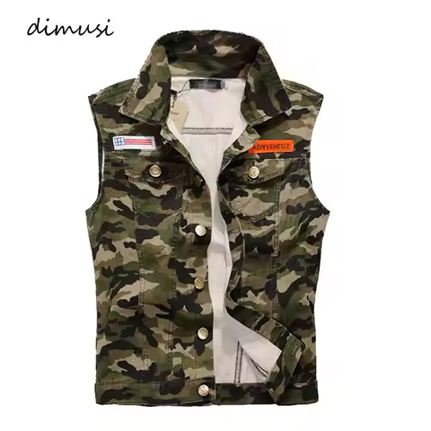 DIMUSI Men Denim Vest Vintage Sleeveless Washed Jeans Army Military waistcoat Man Cowboy Camouflage 