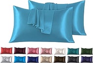 Set of 2 Satin Pillowcases 50 x 80 cm Azure Blue for Bed Soft to Touch with Pocket Closure, Anti-Mit