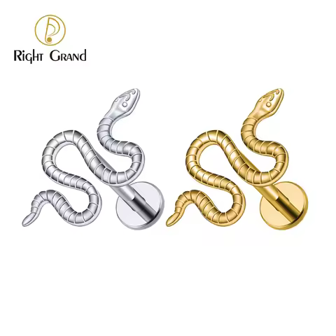 Right Grand ASTM F136 Titanium 16G Viper Snake Labret Cartilage Earring Flat Back Stud Conch Tragus