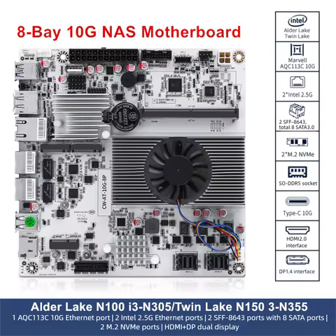 Topton 10G 8-Bay Firewall PC NAS Motherboard Intel Core i3-N300 N150 2*SFF-8643 to 8*SATA 2xNVMe PCI