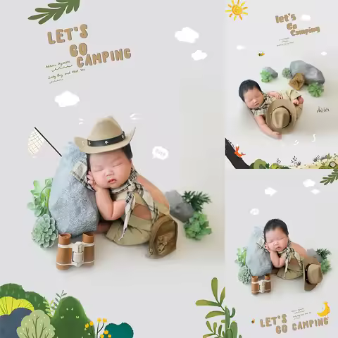 Baby Boy Costume Overalls Cowboy Hat Triangle Scarf Explorer Suit Newborn Photography Outfit Binocul
