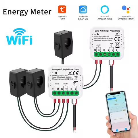 Tuya Smart WiFi Solar Power Energy Meter Bidirectional Current Transformer Clamp App Monitor Export 