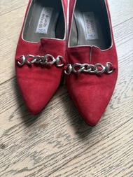 Paolo Michelli 意大利製紅色絨面尖頭鏈條平底鞋 36碼
