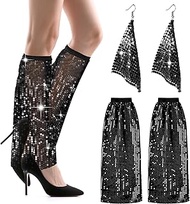 Abba Costume Women's 2 Pieces, Shiny 70s Disco Cuffs with Sequins Earrings Abba Glitter Sequins Leg 