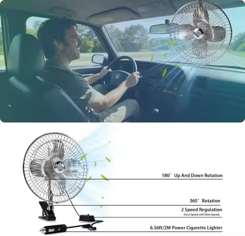 10-Inch Silver Cigarette Lighter Fan, Two-Speed Adjustment, 360-Degree Rotation, Clip-On Design 12 V
