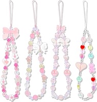 4 Pcs Pink Bow Phone Charm Cute Beaded Wrist Strap Aesthetic Y2K Cell Keychain for Mobile Phones Bag