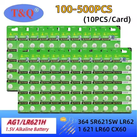 TIANQIU 100-500PCS AG1 Watch Battery 1.55V 364 SR621SW LR621 621 LR60 CX60 Alkaline Button Coin Cell