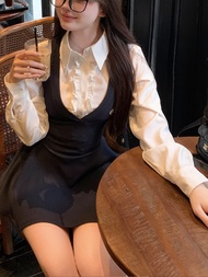 Sweetie White Wood Ear Short Shirt Womens Long Sleeve Base Layer Overlap Spring Autumn Versatile Pol