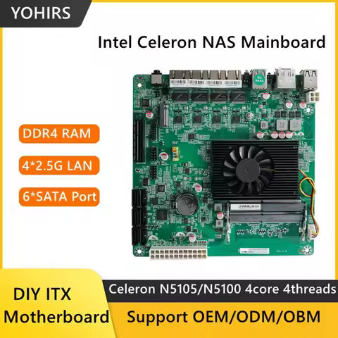 Yohirs 4x2.5G Lan NAS Mainboard Intel N5105 N5100 mini itx industrial PC 6xSATA3.0 PCIe 17x17CM Soft