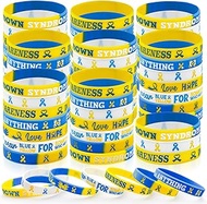 60 Pcs Down Syndrome Silicone Wristband Bracelets Blue Yellow Ribbon Awareness Bracelets Ehlers Danl