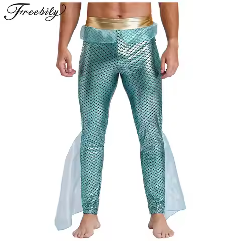 Men Mermaid Pants Poseidon King of The Sea Cosplay Costume Metallic Shiny Fishscale Print Leggings f