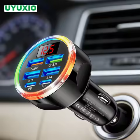 UYUXIO USB C Car Charger 6 in 1 with Volt Meter Multi Port Super Fast Charge Adapter with Voltage Di