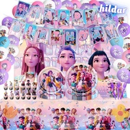 HILDAR Demon Hunter Party Decoration, Flag Cake Top Huntrix Kpop Party Cutlery Set, Kpop Banner Back