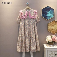 XITAO Dress Ruffle Collar Print Pattern Pleated Hem Minority Dresses