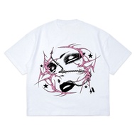 Korean Fashion Coquette Tshirt Oversized White Top Pink Thorn Face Print Streetwear