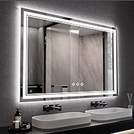 VanPokins Bathroom Mirror, 55x36 Inch Gradient Front and Backlit Lighted Bathroom Mirror, 3 Colors Dimmable CRI&gt;90 Double Lights, IP54 Enhanced Anti-Fog, Hanging Plates Wall Mount LED Mirror