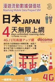 3香港4日日本Docomo4GB4G LTE無限上網卡數據卡Sim卡 到期日:31/12/2019