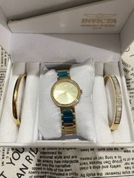invicta 英威塔手錶 金色手錶手環 色號金Angel Quartz Crystal Gold Dial Ladies Watch and Bangle Set