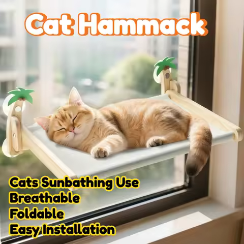 Cat Hammock Solid Wood Frame Foldable Breathable Oxford Fabric Cute Palm Tree Decor Four Seasons Use