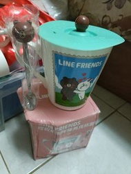 全新 7-11 LINE FRIENDS 可收納攪拌棒馬克杯蓋組 戀愛篇-熊大親親BROWN 杯 三件組攪拌棒馬克杯+湯匙+杯蓋