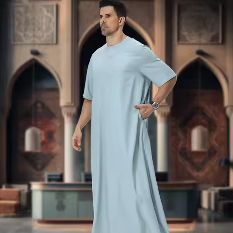 Muslim Men Abaya Kaftan Pakistan Saudi Arabia Djellaba Short Sleeve Robe Jubba Thobe Abaya Kaftan Th