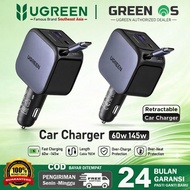 UGREEN Car Charger 2 in 1 Retractable Cable Type C Fast Charging 60W 75W 90W 145W