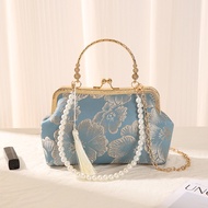 [MY Ready Stock] Blue Jacquard Embroidered Handbag Women, Pearl Fringed Cheongsam Handbag