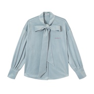 Whyberry Velvet Blueberry Blue โบว์ เน็คไท หลวม เสื้อเชิ้ต หวาน สไตล์ ดีไซน์ ผู้หญิง Premium โพลีเอส