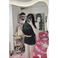 Set black fur crop top with fur skirt