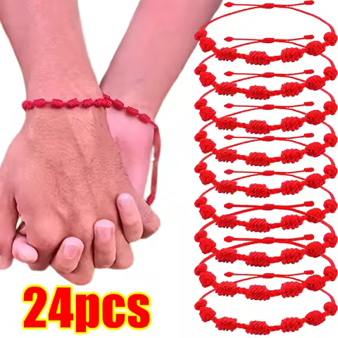 2/24pcs Red String 7 Knots Bracelets for Protection Good Luck Amulet for Success Handmade Rope Coupl