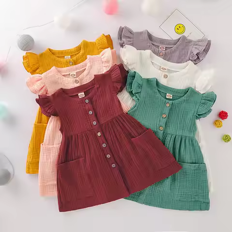 2020-03-31 Lioraitiin 0-6Years Toddler Kid Baby Girl Summer Dress Ruffles Sleeves Cotton Button Pock