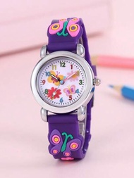 1入組兒童紫色塑料錶帶時尚蝴蝶裝飾圓形錶盤石英手錶適合日常裝飾