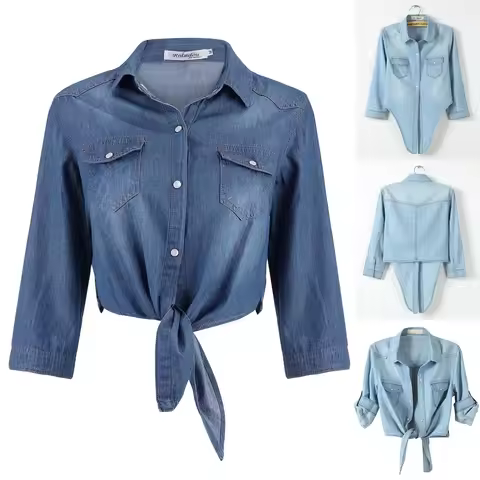 New Autumn Denim Shirts For Women 3/4 Sleeve Womens Tops Chemise Crop Tops Women Lace Up Jeans Shirt