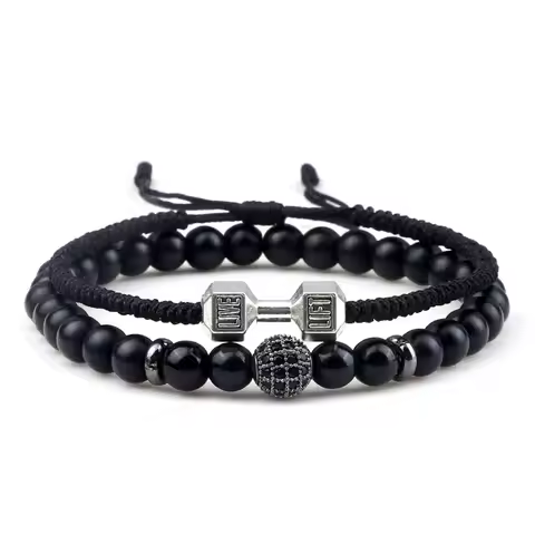 2pcs/Set Men Beaded Bracelet 6mm Charm Nature Onyx Stone Braided Strand Dumbbell hread Bracelets Wom