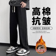 冬季新款加絨牛仔褲男加厚鬆緊腰寬鬆男士直筒闊腿男生秋冬褲子男-黑色加絨 S