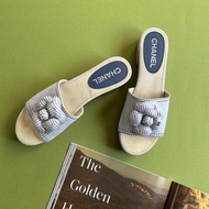 38號 ::CHANEL:: Cloth Mules & Clogs 香奈兒 春夏藍白線條 山茶花穆木屐拖鞋