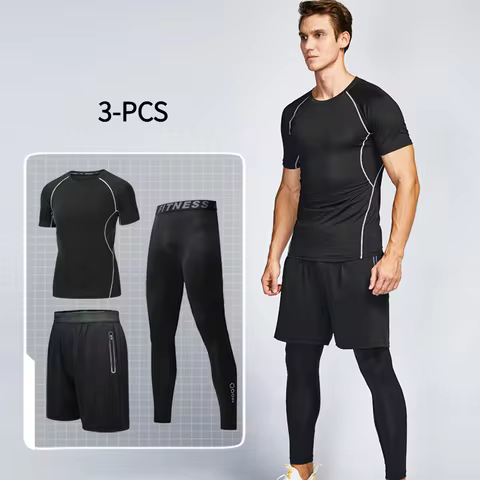 3 PCS Men's Fitness Workout Clothes Set Spring Summer Breathable Quick Dry Running Gym Basketball Su