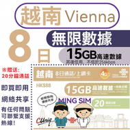 中國聯通 - 【越南】8日 15GB高速丨電話卡 上網咭 sim咭 丨無限數據 即買即用 網絡共享 20分鐘免費通話