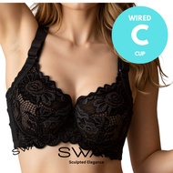 SWAF F1241C Lace Underwire C cup bra 4 hook full cup cover lemak tali lebar good shape basic everyda