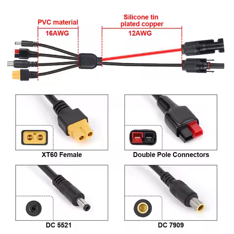 4 in 1 Solar Connector to XT60/DC5521/DC7909 Solar Panel Extension Cable Splitter 12AWG Power Cord E