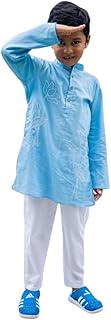 Kids Baju Raya for Eid, Racial Harmony, Deepavali Ethnic Wear Costume Embroidered Lotus Blue Kurta Pajama Set