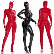 Women Sexy Wetlook Latex Catsuit with Mask PVC Faux Leather Jumpsuit Lady Erotic Costume