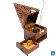 Handcrafted Wooden Pyramid Dhoop Burner Box with Drawer – Incense Stick & Agarbatti Holder for Home 