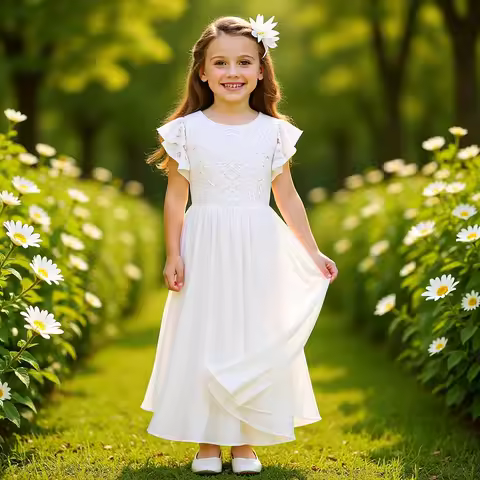 White Lace Long Dress for Girls Summer Dress Flower Girl Dresses for Wedding for 4 to 32 Years